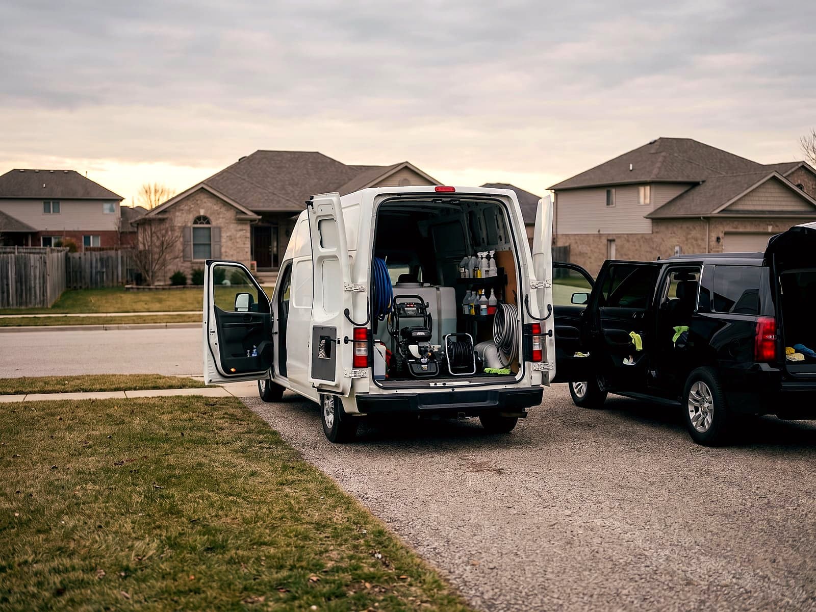 A mobile detailer's van and a full-size SUV with its doors open in a driveway